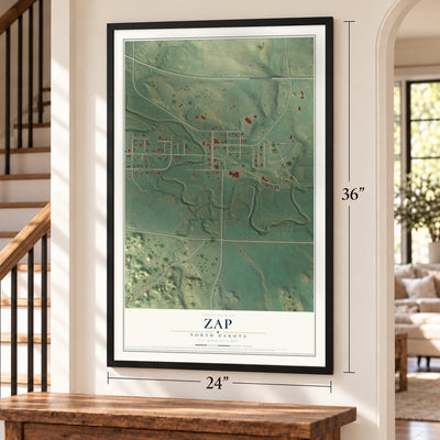 Zap, North Dakota map, 24 x 36 inch print in a black frame by a staircase