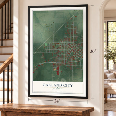 Oakland City, Indiana map, 24 x 36 inch print in a black frame by a staircase