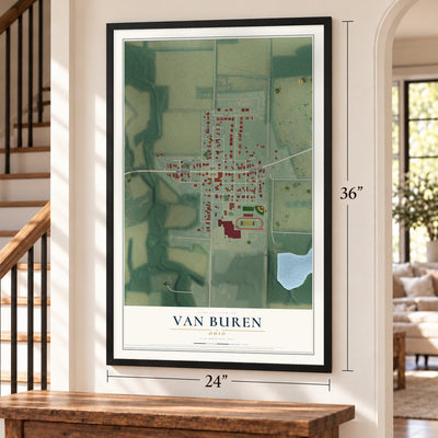 Van Buren, Ohio map, 24 x 36 inch print in a black frame by a staircase