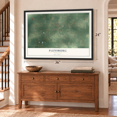 Flensburg, Minnesota map, 24 x 36 inch print in a black frame above a dresser by a staircase