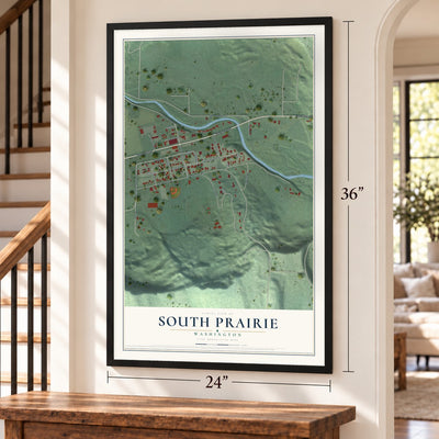 South Prairie, Washington map, 24 x 36 inch print in a black frame by a staircase