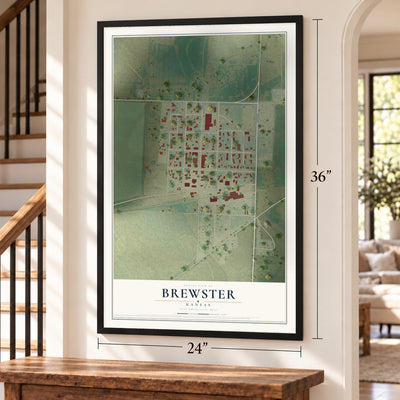 Brewster, Kansas map, 24 x 36 inch print in a black frame by a staircase