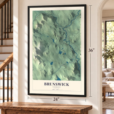 Brunswick, Vermont map, 24 x 36 inch print in a black frame by a staircase
