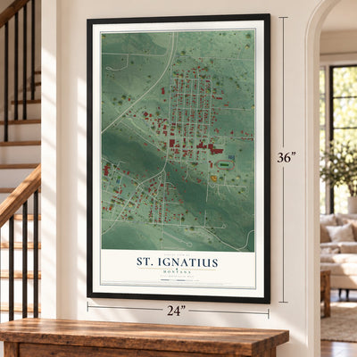 St. Ignatius, Montana map, 24 x 36 inch print in a black frame by a staircase