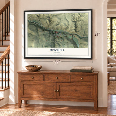 Mitchell, Oregon map, 24 x 36 inch print in a black frame above a dresser by a staircase