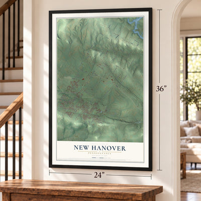New Hanover, Pennsylvania map, 24 x 36 inch print in a black frame by a staircase