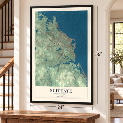 Scituate, Massachusetts map, 24 x 36 inch print in a black frame by a staircase