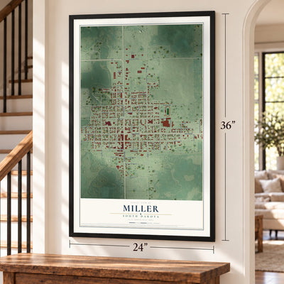 Miller, South Dakota map, 24 x 36 inch print in a black frame by a staircase