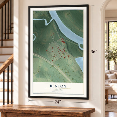 Benton, Alabama map, 24 x 36 inch print in a black frame by a staircase