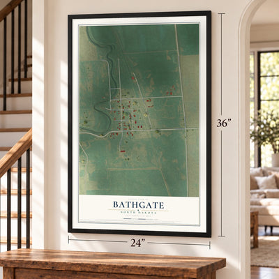 Bathgate, North Dakota map, 24 x 36 inch print in a black frame by a staircase