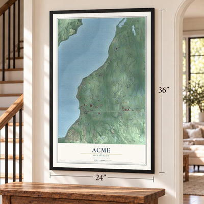 Acme, Michigan map, 24 x 36 inch print in a black frame by a staircase