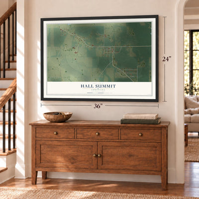 Hall Summit, Louisiana map, 24 x 36 inch print in a black frame above a dresser by a staircase