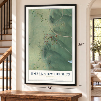 Umber View Heights, Missouri map, 24 x 36 inch print in a black frame by a staircase