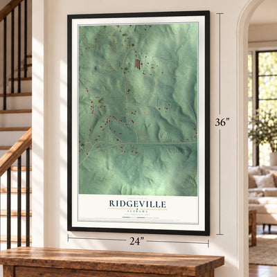 Ridgeville, Alabama map, 24 x 36 inch print in a black frame by a staircase