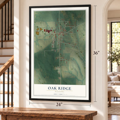 Oak Ridge, Missouri map, 24 x 36 inch print in a black frame by a staircase