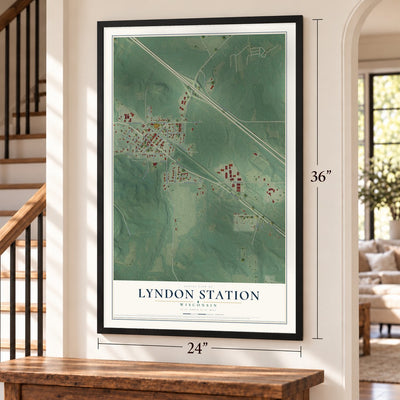 Lyndon Station, Wisconsin map, 24 x 36 inch print in a black frame by a staircase