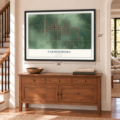 Farmersburg, Indiana map, 24 x 36 inch print in a black frame above a dresser by a staircase