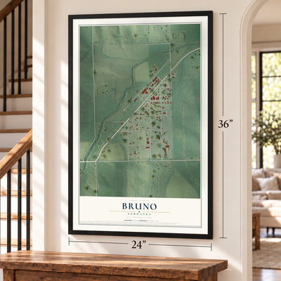 Bruno, Nebraska map, 24 x 36 inch print in a black frame by a staircase