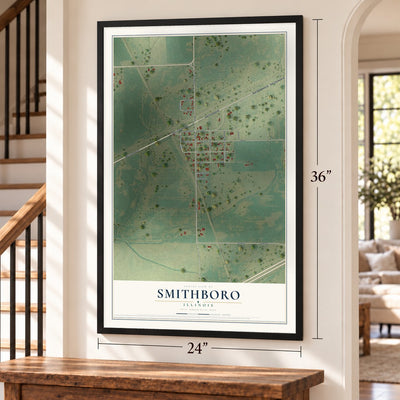 Smithboro, Illinois map, 24 x 36 inch print in a black frame by a staircase