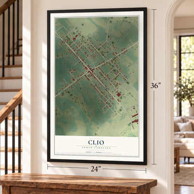 Clio, South Carolina map, 24 x 36 inch print in a black frame by a staircase
