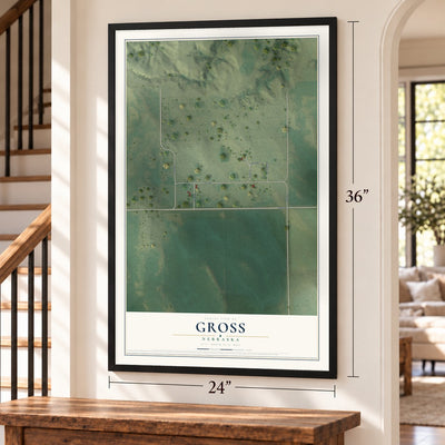 Gross, Nebraska map, 24 x 36 inch print in a black frame by a staircase