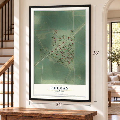 Ohlman, Illinois map, 24 x 36 inch print in a black frame by a staircase