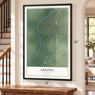 Arkoma, Oklahoma map, 24 x 36 inch print in a black frame by a staircase