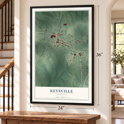 Keysville, Virginia map, 24 x 36 inch print in a black frame by a staircase
