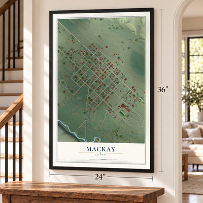 Mackay, Idaho map, 24 x 36 inch print in a black frame by a staircase