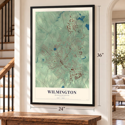 Wilmington, Massachusetts map, 24 x 36 inch print in a black frame by a staircase