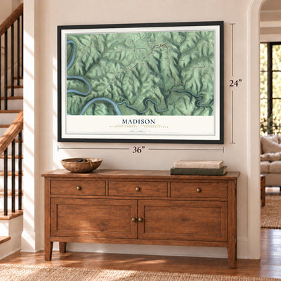 Madison, Clarion County, Pennsylvania map, 24 x 36 inch print in a black frame above a dresser by a staircase