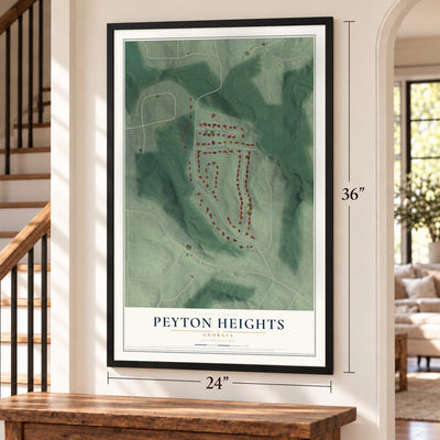 Peyton Heights, Georgia map, 24 x 36 inch print in a black frame by a staircase