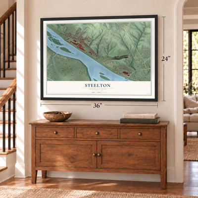 Steelton, Pennsylvania map, 24 x 36 inch print in a black frame above a dresser by a staircase