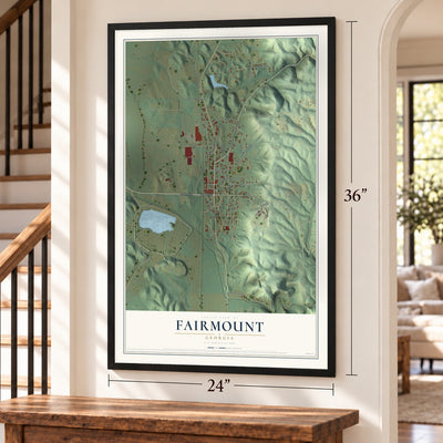 Fairmount, Georgia map, 24 x 36 inch print in a black frame by a staircase