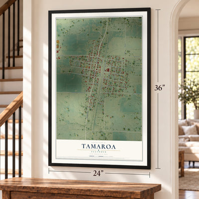Tamaroa, Illinois map, 24 x 36 inch print in a black frame by a staircase
