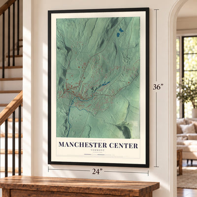 Manchester Center, Vermont map, 24 x 36 inch print in a black frame by a staircase