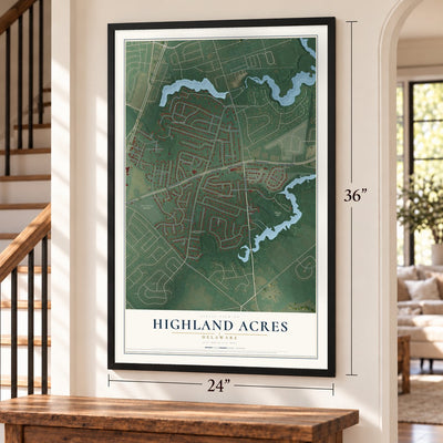 Highland Acres, Delaware map, 24 x 36 inch print in a black frame by a staircase