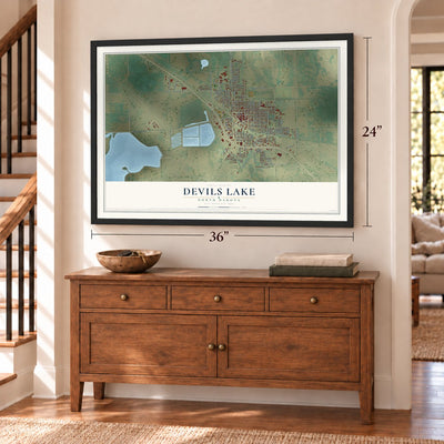 Devils Lake, North Dakota map, 24 x 36 inch print in a black frame above a dresser by a staircase