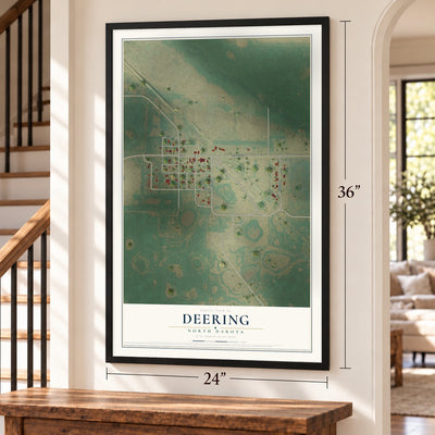 Deering, North Dakota map, 24 x 36 inch print in a black frame by a staircase
