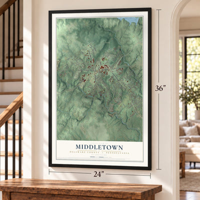 Middletown, Delaware County, Pennsylvania map, 24 x 36 inch print in a black frame by a staircase