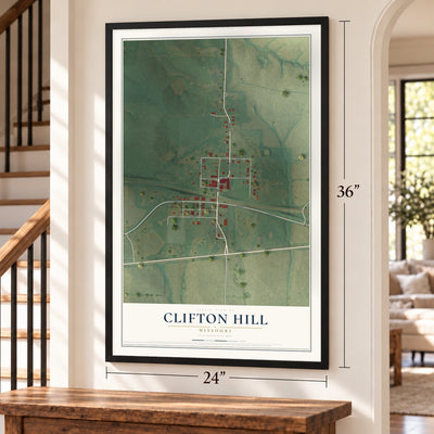 Clifton Hill, Missouri map, 24 x 36 inch print in a black frame by a staircase