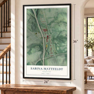 Sabina-Mattfeldt, Maryland map, 24 x 36 inch print in a black frame by a staircase