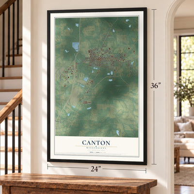 Canton, Mississippi map, 24 x 36 inch print in a black frame by a staircase