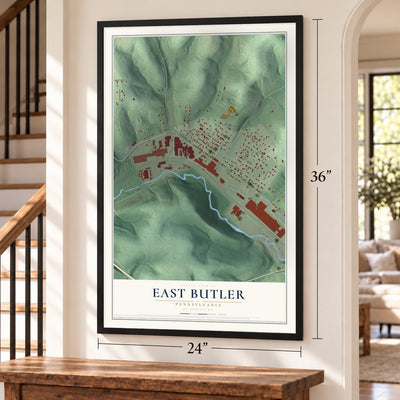 East Butler, Pennsylvania map, 24 x 36 inch print in a black frame by a staircase