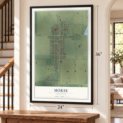 Morse, Louisiana map, 24 x 36 inch print in a black frame by a staircase
