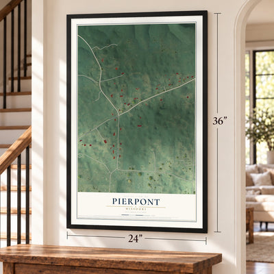 Pierpont, Missouri map, 24 x 36 inch print in a black frame by a staircase