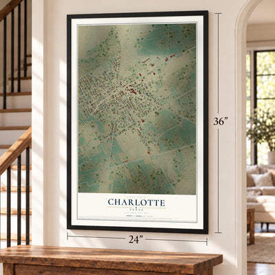 Charlotte, Texas map, 24 x 36 inch print in a black frame by a staircase