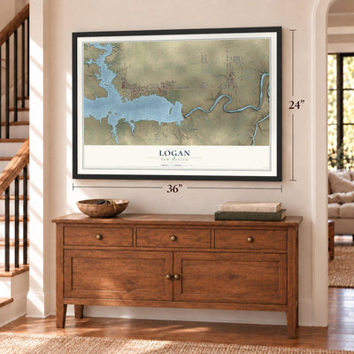 Logan, New Mexico map, 24 x 36 inch print in a black frame above a dresser by a staircase