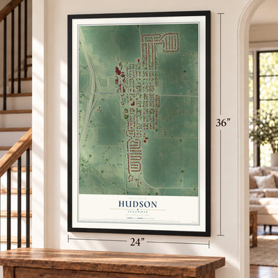 Hudson, Illinois map, 24 x 36 inch print in a black frame by a staircase