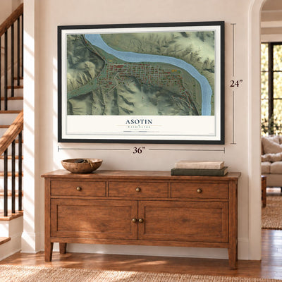 Asotin, Washington map, 24 x 36 inch print in a black frame above a dresser by a staircase